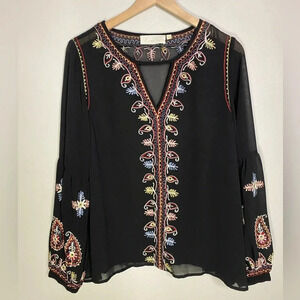 Love Sam Embroidered Peasant Top Black Sheer M boho feminine 70s Anthropology